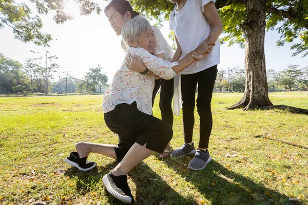 Female Elderly Trying Stand Asian Daughter Help Care Support Her — Stock Photo, Image