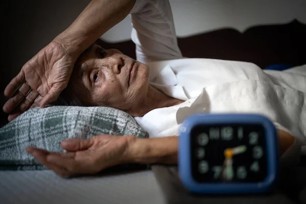 Tired Exhausted Asian Senior Woman Suffering Insomnia Months Chronic Insomnia — Stock Photo, Image