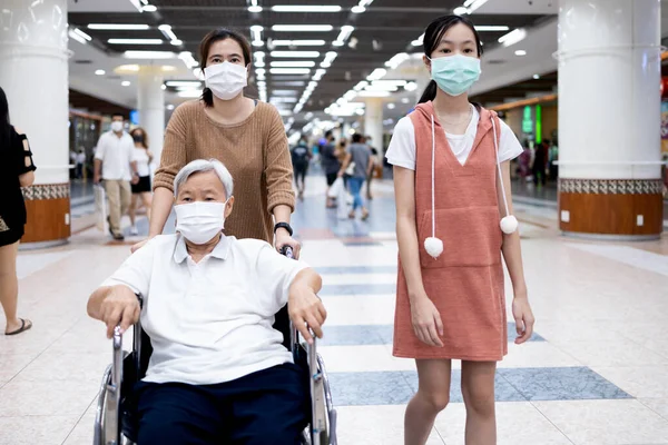 Asian mother,daughter,senior grandmother wearing face mask,old elderly in the wheelchair with her family are walking,shopping in the shopping mall after Coronavirus quarantine,Covid-19 after Lockdown