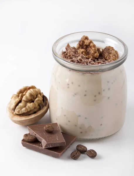 Coffee smoothie with chia seeds, chocolate and walnuts
