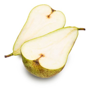 Yeşil armutlar (segmentler), ağaçtan yeni toplanmış taze ve ham taze (çeşitli konferans, Pyrus Communis konferansı). Beyaz arkaplanda izole