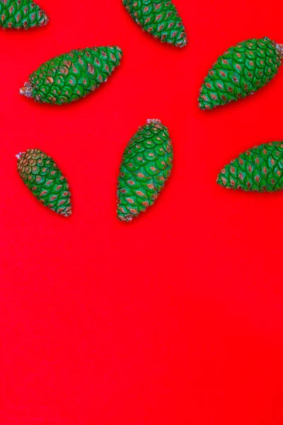 Contexto com cones verdes de pinheiro selvagem (Pinus Silvestris L.). No fundo vermelho. Para fundo ou cartão de Natal. Espaço para inserir seu texto . — Fotografia de Stock