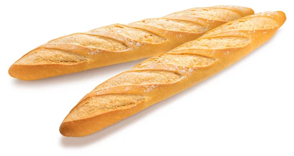 İki taze pişmiş ve kabuklu Fransız ekmeği. Beyaz arkaplan görünümünde izole edilmiş.