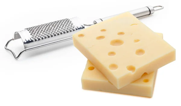 エメンタール スイスチーズの2つの部分 ブロック が大きくなっています 穴やアルベオーリの質感 白地に隔離された — ストック写真
