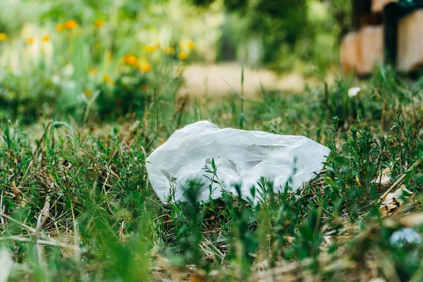 Kantong plastik di rumput. Masalah ekologi. Musim panas — Stok Foto