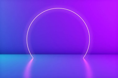 Odada parlayan neon halkası. Ürün veya metin için aşama. Moda renkleri. 3D görüntüleme. Boşluğu kopyala