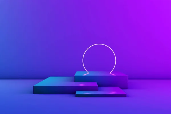 Cercle lumineux au néon dans la pièce. Étape pour le produit ou le texte. Des couleurs tendance. Rendement 3D. Espace de copie — Photo