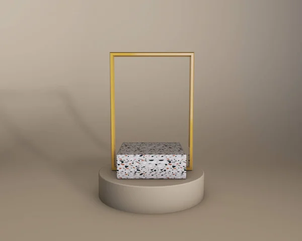 3d renderizado de estudio beige y etapa de producto de terrazo con marco de oro. Colores de moda — Foto de Stock