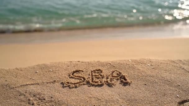 Ręcznie pisany tekst morze na plaży. zwolniony ruch — Wideo stockowe
