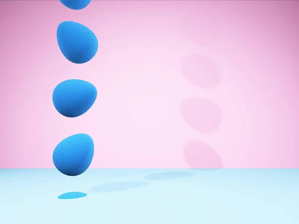 Caindo ovos azuis em fundo rosa e azul. Cores pastel. Imagem de renderização 3d — Fotografia de Stock