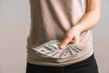 Kadın elinde yüzlerce Amerikan doları banknotuyla. Ekonomi, tasarruf kavramı