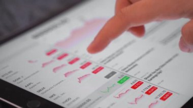 İçinde negatif kırmızı borsa bilgisi olan bir tablet. Küresel pazar çöküşü. 2020 defolt