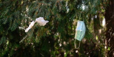 Dışarıdaki ağaçta tıbbi maske. Covid-19 karantinasından kaynaklanan kirlilik