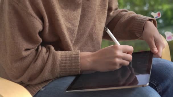 Tabletli ve e-kalemli bir kadının serbest çalışma projesinde yakın plan çekimleri. Yazar roman yazar. Bağımsız sanatçı — Stok video