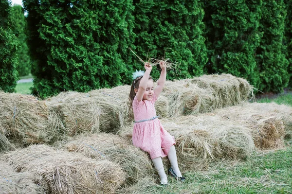 Pequeña niña se juega en el heno —  Fotos de Stock