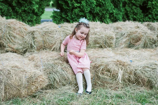 Pequeña niña se juega en el heno —  Fotos de Stock