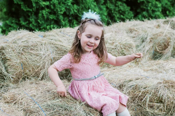 Pequeña niña se juega en el heno —  Fotos de Stock