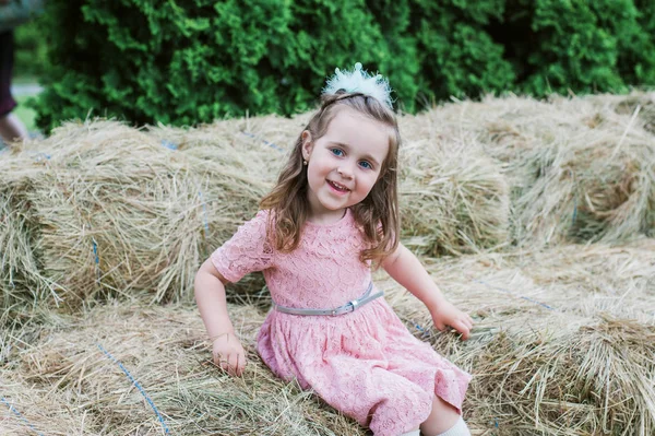 Pequeña niña se juega en el heno —  Fotos de Stock