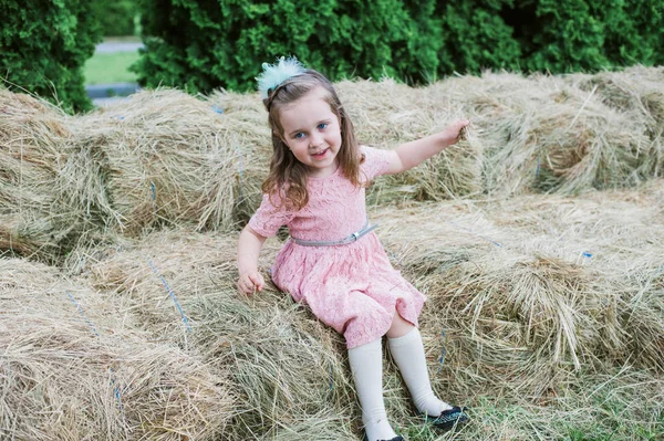 Pequeña niña se juega en el heno —  Fotos de Stock