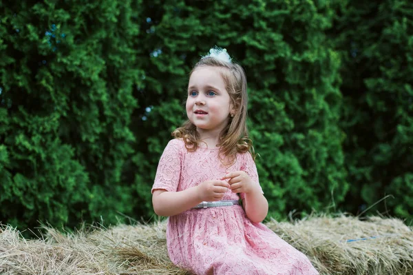 Pequeña niña se juega en el heno —  Fotos de Stock