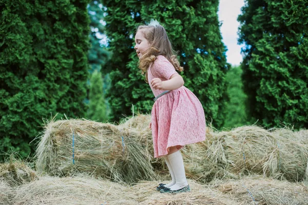 Pequeña niña se juega en el heno —  Fotos de Stock