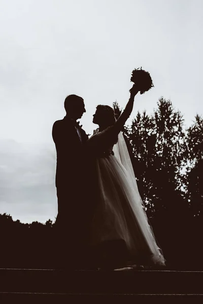 A menyasszony és a vőlegény, a gyengédség, a romantika, a szerelem sziluettek. — Stock Fotó