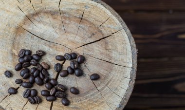 Kahve çekirdekleri ve eski ahşap arka plan, ve boşluk eklemek için metin