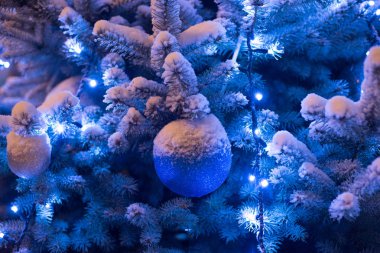 Güzel bir şekilde dekore edilmiş kar yağdı, Noel ağacı soğuk winterlandscape