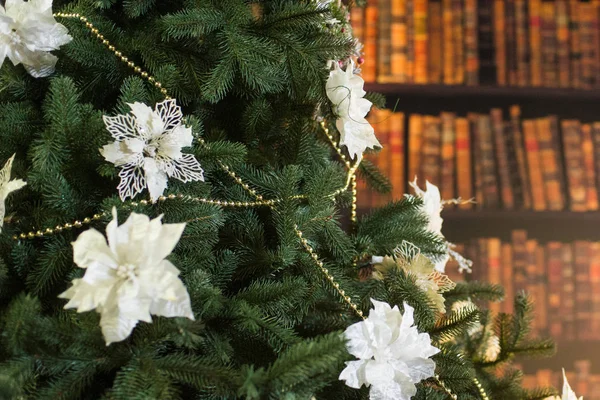 Green Christmas Tree Big White Flowers — Stock Photo, Image