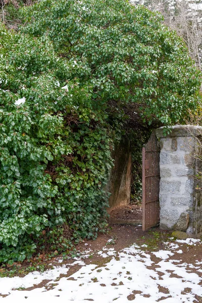 Porte d'entrée du parc, avec traces de neige sur le groun — Photo