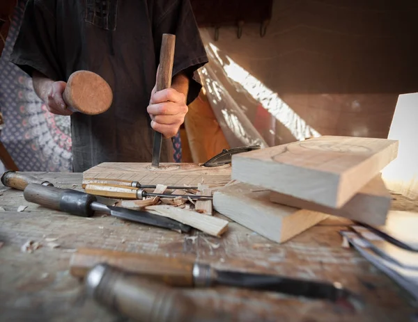 Wood craftsman with various hand tools workin — Stock Photo, Image