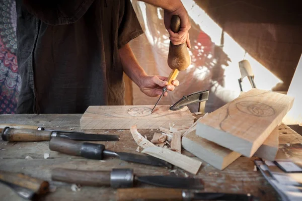 Wood craftsman with various hand tools workin — Stock Photo, Image