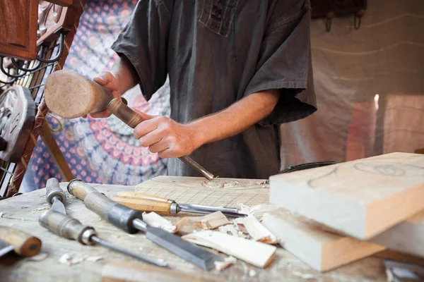 Wood craftsman with various hand tools workin — Stock Photo, Image