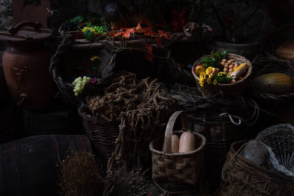 various foods in foreground in vertical photo darkened at their edge