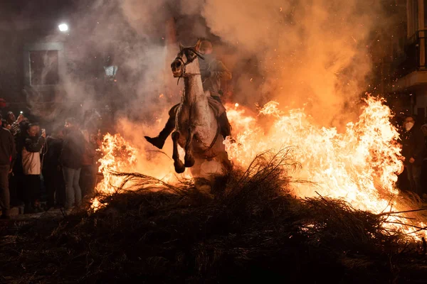 Jinete Montando Caballo Saltando Fuego Fuego Para Purificar Animal Evento — Foto de Stock