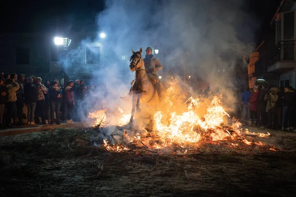 Jinete Montando Caballo Saltando Fuego Fuego Para Purificar Animal Evento — Foto de Stock