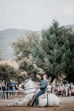 31 Ağustos 201 'de Serranillos, Avila, İspanya' da düzenlenen sergide, atının binicisi, onunla dans ediyor ve binicilik yapıyordu.