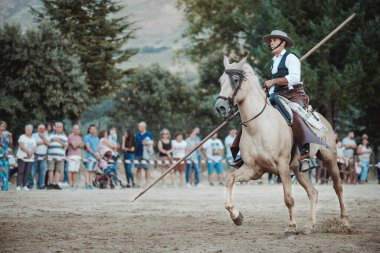 31 Ağustos 201 'de Serranillos, Avila, İspanya' da düzenlenen sergide, atının binicisi, onunla dans ediyor ve binicilik yapıyordu.