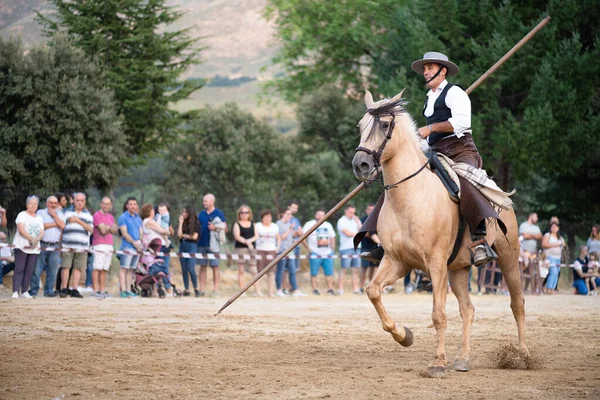 2011年8月31日 在西班牙阿维拉市Serranillos市举行的展览上 骑手骑着马 与他一起表演舞蹈和服装 — 图库照片
