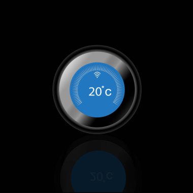 Modern çember Wi-Fi termostatı mavi renkli, gölge ve siyah arkaplan 20 santigrat