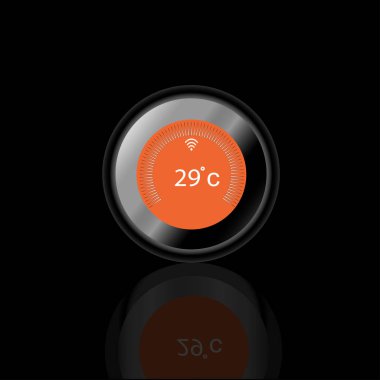 Modern daire Wi-Fi termostatı turuncu renkli, gölge ve siyah arkaplan 29 santigrat.
