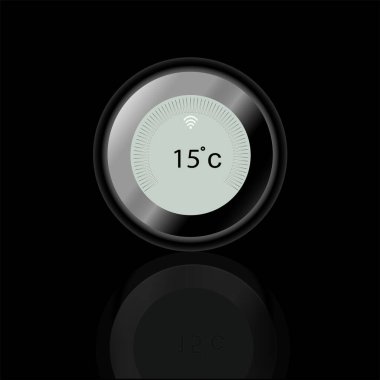 Yumuşak yeşil pastel renkli modern daire termostatı. Gölge ve siyah arkaplan, 26 santigrat.