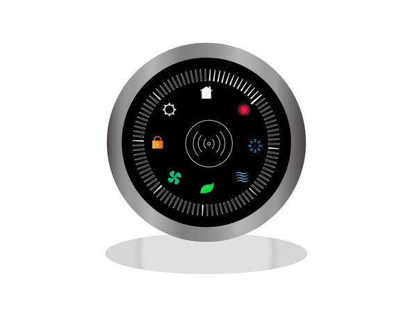 Modern circle thermostat in black colour with shadow and white background