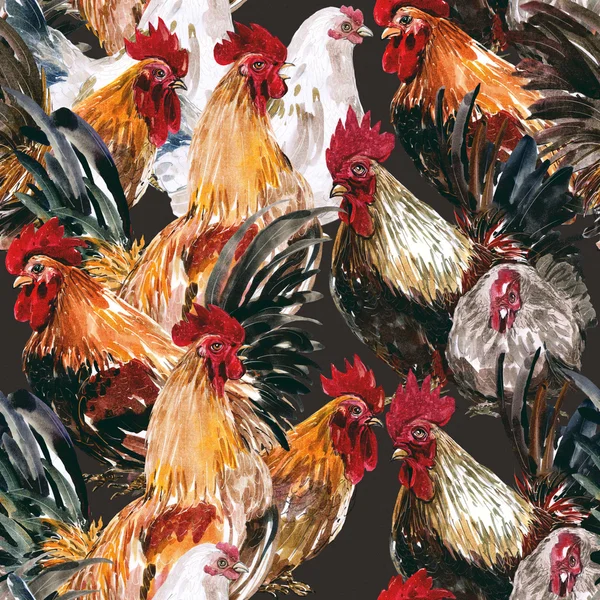 Akwarela malarstwo kurczaka zwierząt roczne 2560/2017 opływowy kształt i wzór jest naturalne ubarwienie. Na brązowym tle — Zdjęcie stockowe