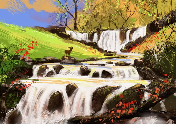 Digital painting deer were singing a couple Falls area — Stock Photo, Image