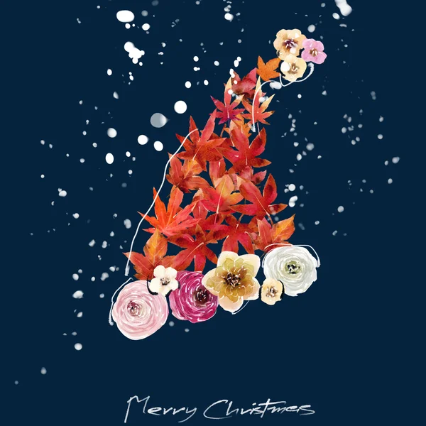Ζωγραφική με νερομπογιές λουλούδια στολίζουν ένα χριστουγεννιάτικο καπέλο Santa Claus στυλ art — Φωτογραφία Αρχείου