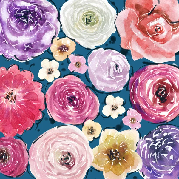 水彩绘画和数字的花玫瑰排列在拼贴风格 — 图库照片