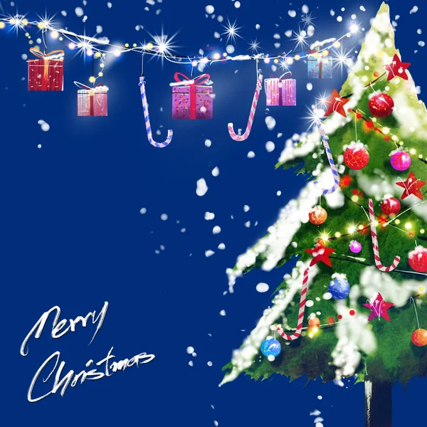 Ακουαρέλα ζωγραφική και ψηφιακής βαμμένα Χριστουγεννιάτικες κάρτες. Σχέδιο πεύκα υπάρχει χώρος να γράψετε ένα μήνυμα — Φωτογραφία Αρχείου