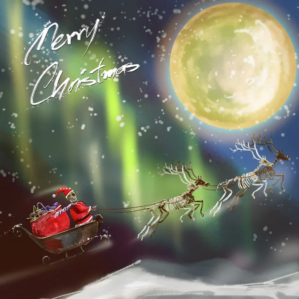 Akvarel, malování a digitální malované vánoční přání, Santa Costa kostra pomocí přetažení vůz sobů dárky — Stock fotografie