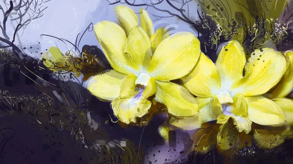 デジタル絵画の図。黄色の蘭。木によって. — ストック写真